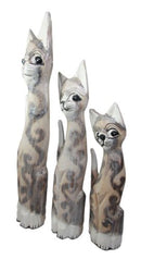 Balinese Wood Handicraft Striped Ears Feline Cat Family Set of 3 Figurines 20"H