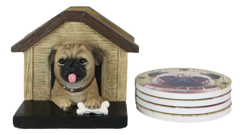 Pug Puppy Dog In Kennel Doghouse Holding Bone Coaster Set Holder And 4 Coasters