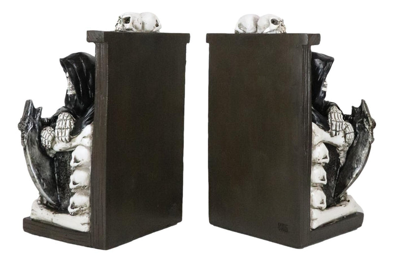 Gothic Grim Reaper Sitting On Skulls And Skeleton Bones Thrones Bookends Statue