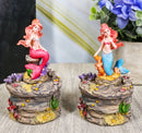 Ebros 4" Tall Blue and Pink Tailed Mermaid Mergirl Sisters Sitting On Coral Rocks Decorative Box Figurine Set of 2 - Ebros Gift