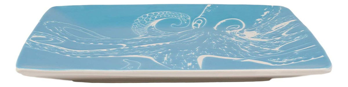 Ebros Nautical Sea Giant Octopus Blue Salad Dessert Plate Set of 2 Square 8.5"