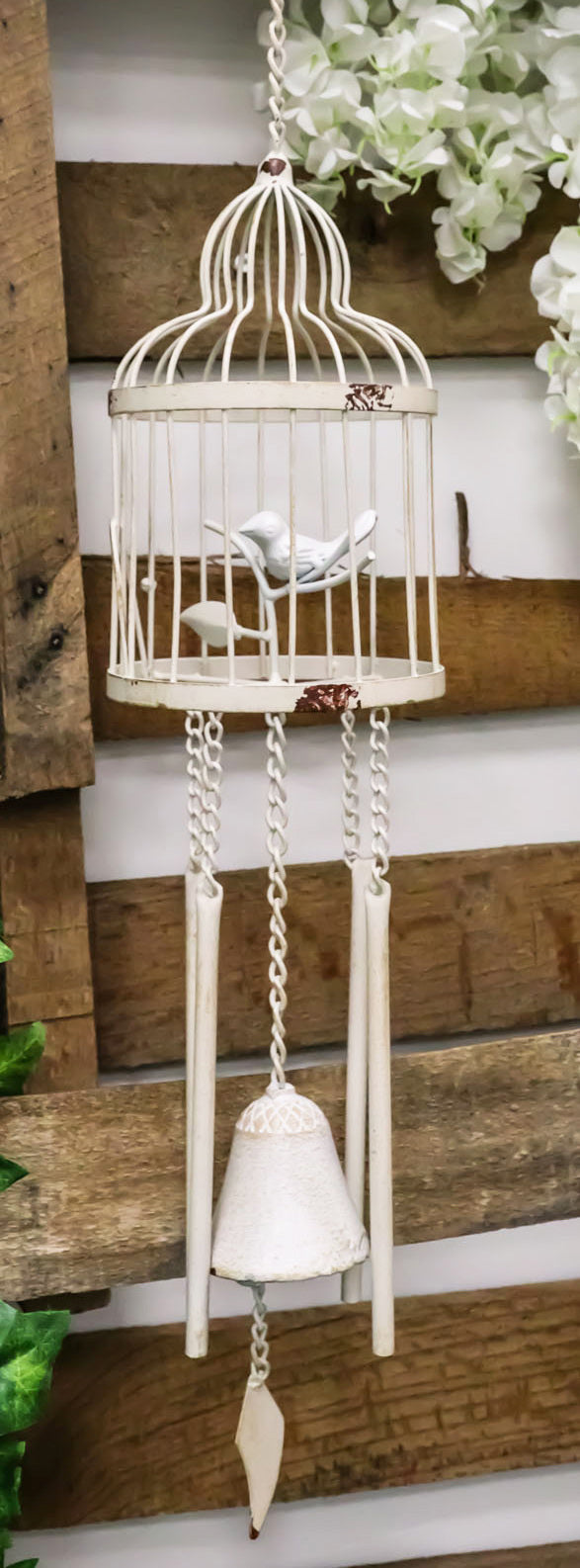 Whimsical Rustic White Bird Perching On Twig In Cage Aluminum Metal Wind Chime