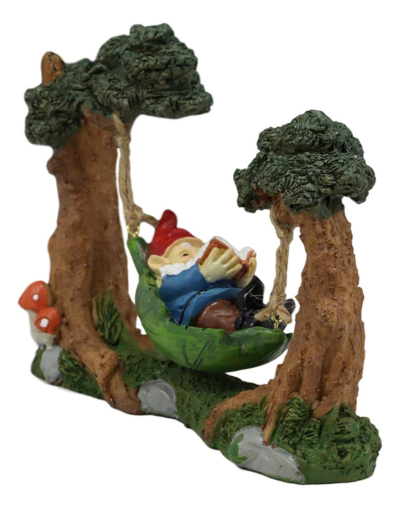 Ebros Whimsical Bookworm Gnome Sleeping On Hammock by Toadstool Mushrooms Forest Tree Ents Statue 6.5" Wide