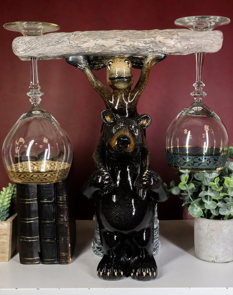 Rustic Western Black Bear And Moose With Log Wine Glasses And Bottle Holder