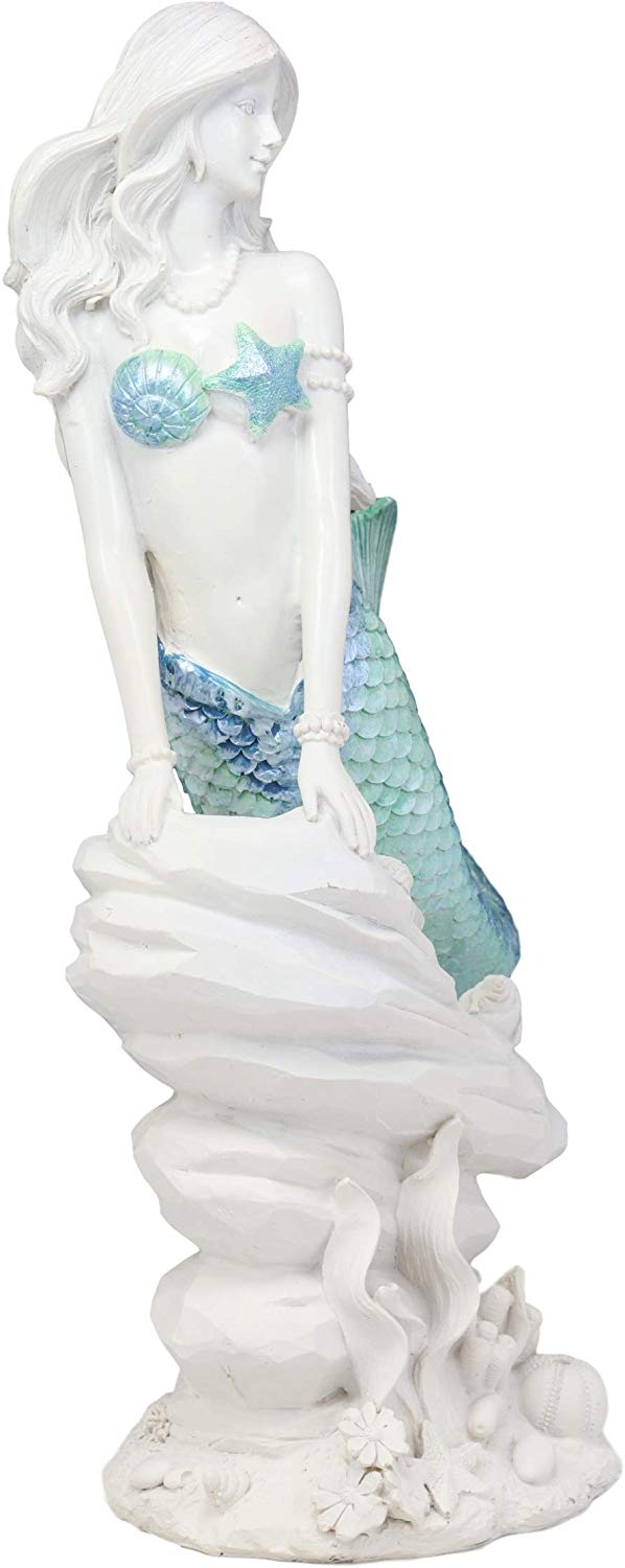Ebros Gift Large Nautical Capiz Blue Tailed Mermaid by White Coral Rocks Statue Ocean Aquamarine Princess As Coastal Beach Under The Sea Decorative Accent (Leaning On Rocks)
