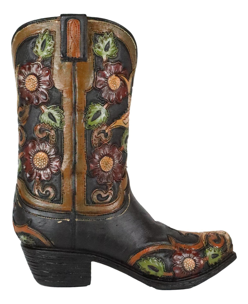 Rustic Western Faux Tooled Leather Cowboy Floral Blooms Boot Planter Vase Decor