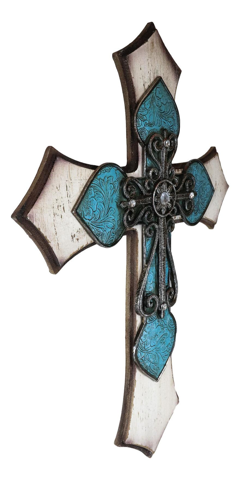 Large Rustic Western Crystal Floral Turquoise Occitan Spade Layered Wall Cross