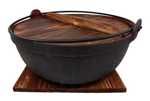 Ebros Gift Japanese Cast Iron Sukiyaki Shabu Shabu Nabe Ramen Personal Size Hot Pot With Wooden Lid 11.5" Diameter