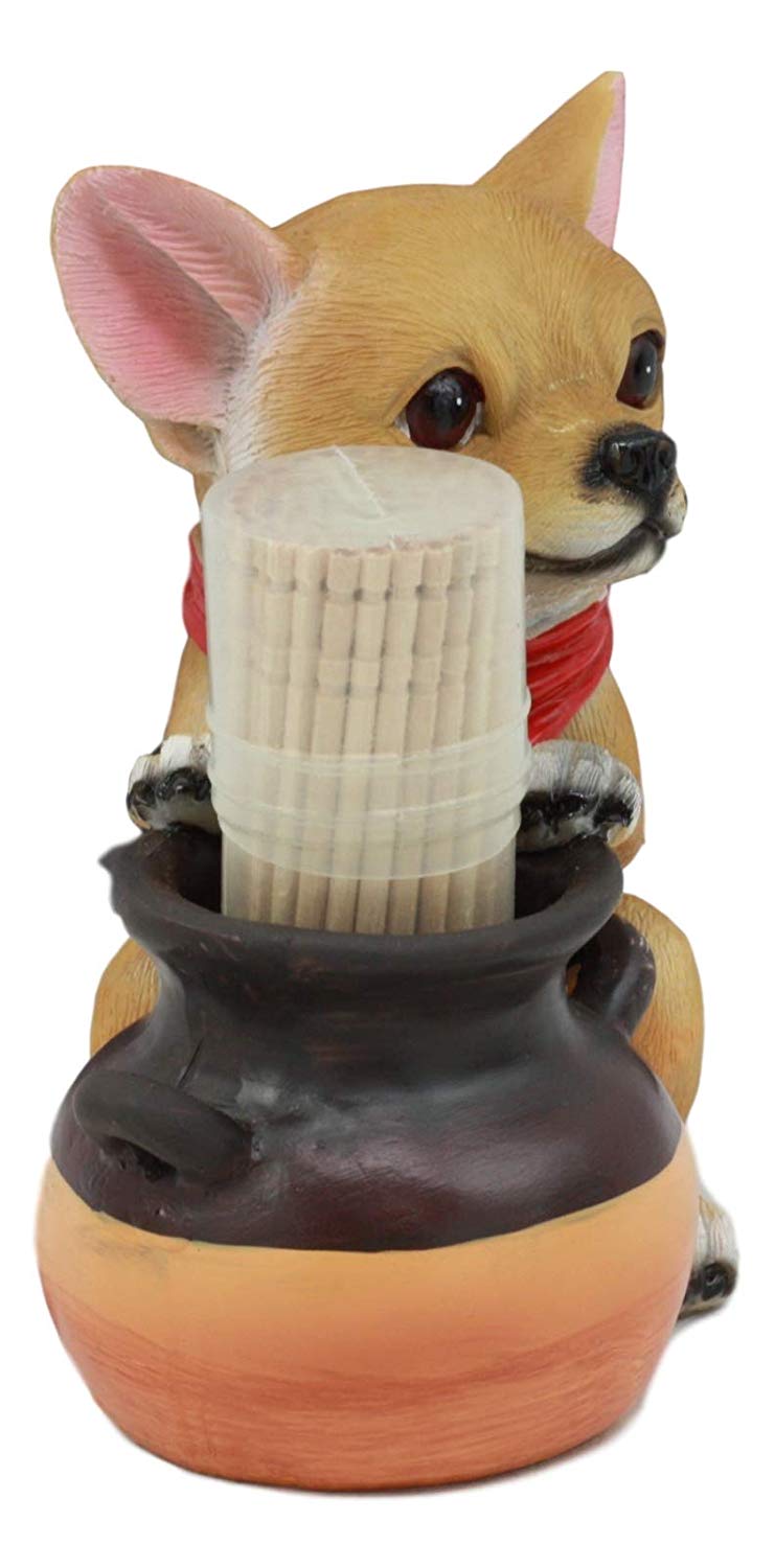 Ebros Lifelike Chihuahua With Red Scarf And Pot Decorative Toothpick Holder Statue With Toothpicks 4" Tall Starter Kit Dog Kitchen Decor Figurine Collectible