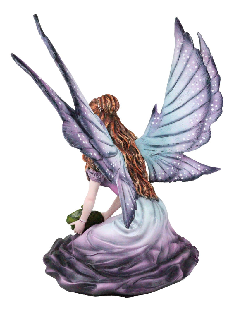Large Whimsical Purple Rose Fairy With Large Leaf Kneeling On Flower Figurine