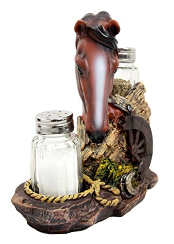 Ebros Chestnut Horse by Wagon Wheel Salt Pepper Shakers Holder Set 6.25" H