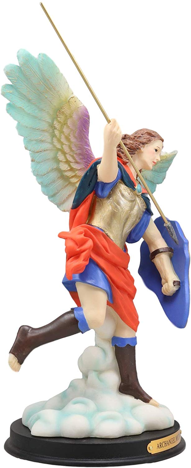 Ebros Colorful Archangel Saint Michael Throwing Javelin Spear Statue 10" Tall Champion Angel of God Guardian of The Church Battle of Armageddon Decor Altar Figurine