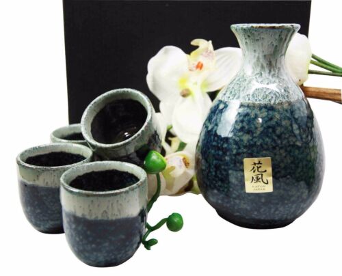 Japanese Sake Set Flask With Four Cups 10oz Grey Sky Art Glazed Earthenware