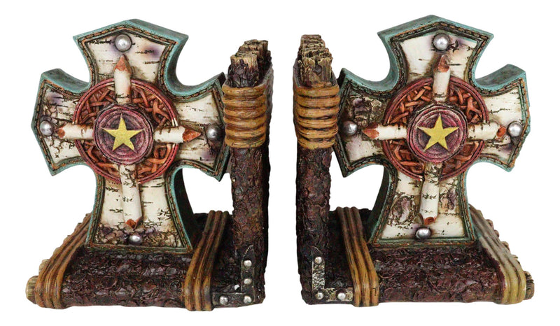 Rustic Western Star Turquoise Birchwood Birch Tree Cross Decorative Bookends Set