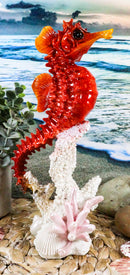 Ebros Ocean Marine Sea Life Red Seahorse Swimming Over Coral Reef Statue 9"H