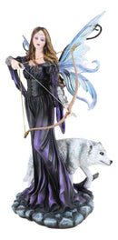Moon Goddess Artemis Fairy with White Snow Wolf Drawing Bow and Arrow Statue