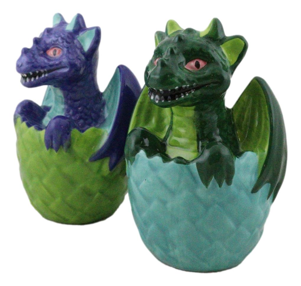 Green And Blue Dragon Hatchlings In Half Cracked Eggs Salt Pepper Shakers Set - Ebros Gift