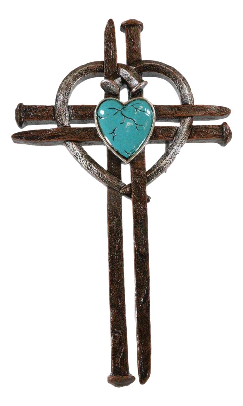 Rustic Western Nail Spikes With Bent Nail Heart And Turquoise Rock Wall Cross