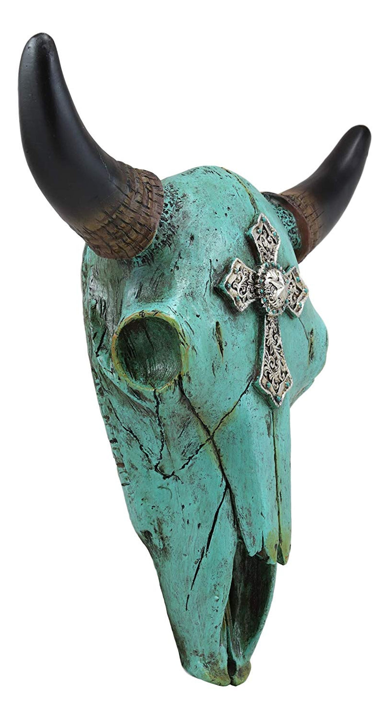 Ebros 10.5" Wide Western Southwest Steer Bison Buffalo Bull Cow Horned Skull Head Turquoise Silver Cross with Floral Lace Design Wall Mount Decor - Ebros Gift