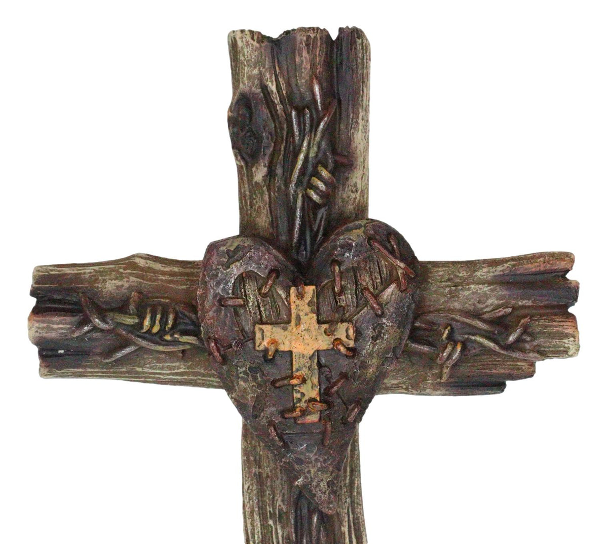Rustic Western Distressed Faux Wooden Barbed Wires With Heart Plaque Wall Cross