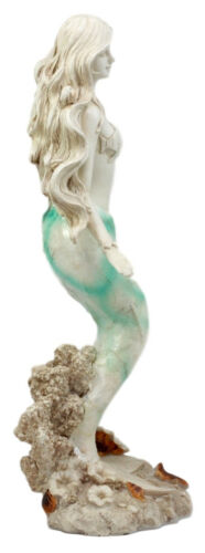 Ebros Capiz Turquoise Standing Mermaid Figurine 11.5"H Ocean Aquamarine Coral Goddess