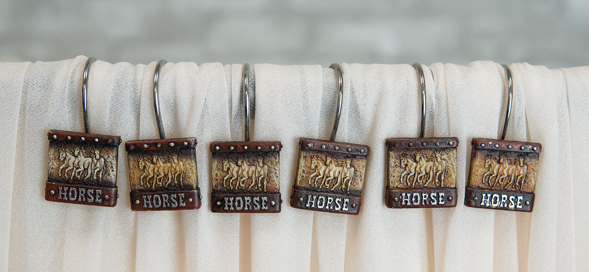 Rustic Running Horses On Faux Tooled Leather Bathroom Shower Curtain Hooks 12pk