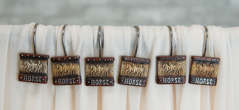 Rustic Running Horses On Faux Tooled Leather Bathroom Shower Curtain Hooks 12pk
