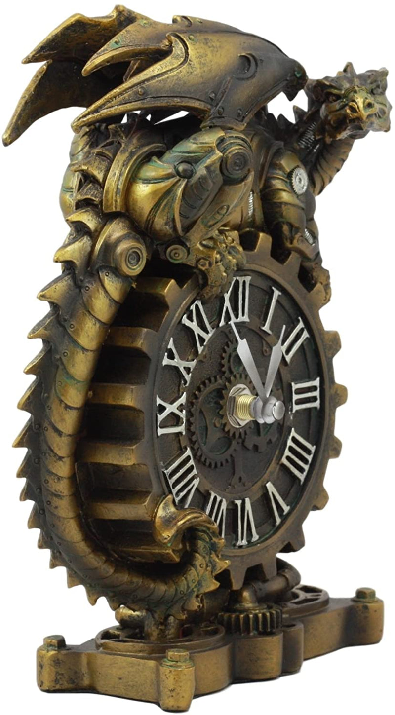 Chronos Resting Steampunk Cyborg Dragon Table Clock Statue Painted Gearwork Art