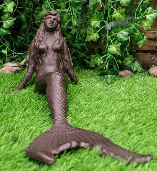 Ebros Gift 16.25" Long Nautical Siren Mermaid Leaning Back Cast Iron Rustic Vintage Finish Shelf Sitter Statue Ocean Goddess Princess Coastal Beach Under The Sea Mermaids Decorative Accent - Ebros Gift