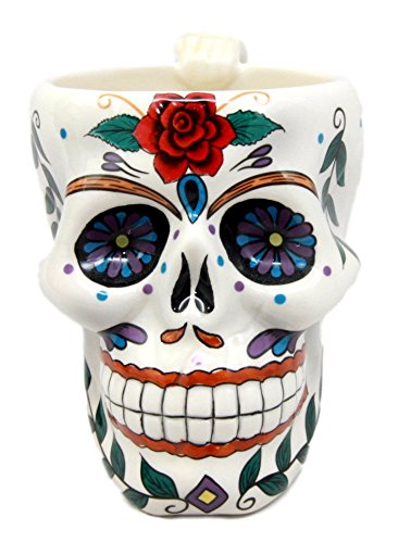 Ebros Gift White Tribal Day of The Dead Red Rose Sugar Skull Drink Coffee Mug Cup Ceramic 6.25"H - Ebros Gift