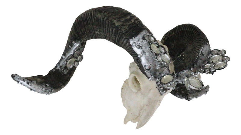 Ornate Crystal Gems Silver Bolted Bighorn Sheep Ram Skull Desktop Or Wall Plaque