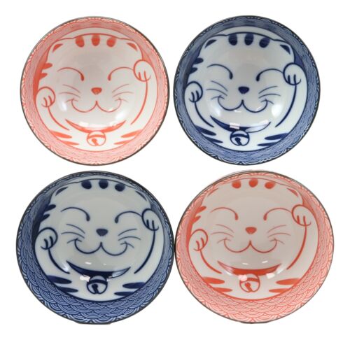 Japanese Lucky Cat Maneki Neko 4.5"D 11oz Colorful Porcelain Rice Bowls Set of 4