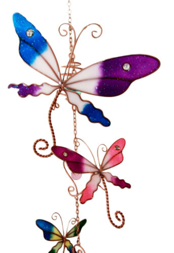 Ebros Gift Stained Glass Colorful Three Butterflies Copper Metal Wind Chime 28"Long Resonant Outdoor Patio Garden Decor Accessory