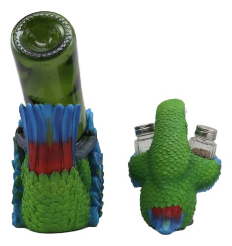 Green Scarlet Macaw Parrot Wine Bottle And Salt Pepper Shakers Holder Statue Set