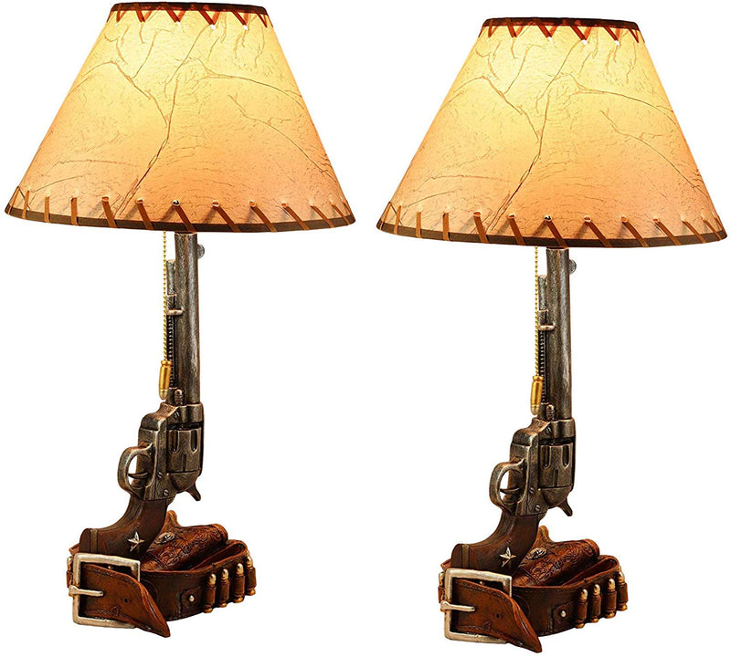 Ebros Western Revolver Bedside Table Lamp with Shade 20.5"Tall (Set of 2)