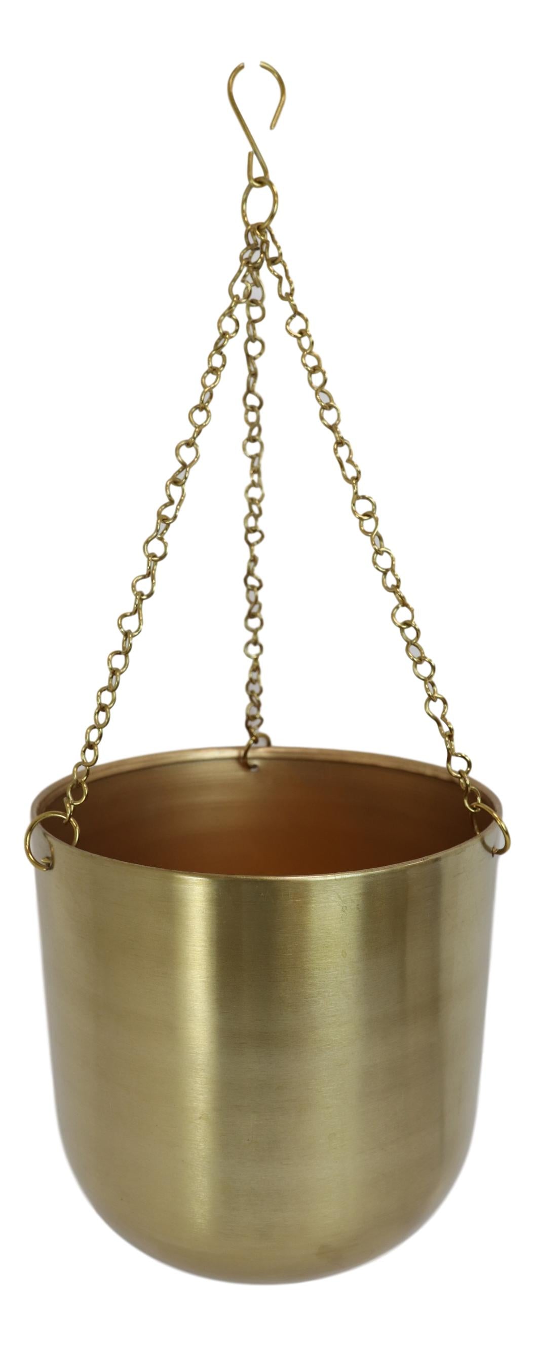 Set Of 2 Contemporary Shiny Gold Metal Hanging Dome Wall Planters With Chains