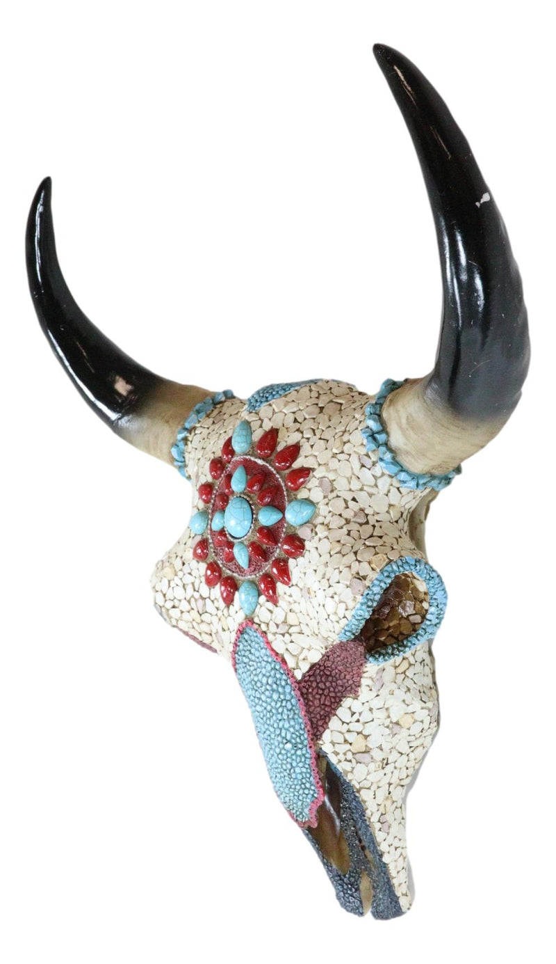 16.5"H Large Turquoise And Red Gems Mosaic Southwest Steer Cow Skull Wall Decor