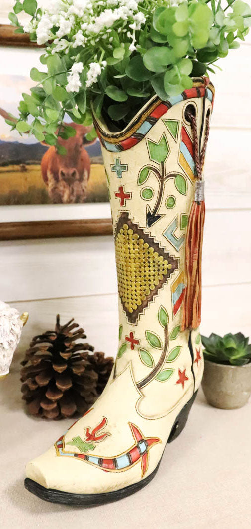 Rustic Western Crosses Arrows Stars Tassel Frills Cowgirl Boot Vase Figurine