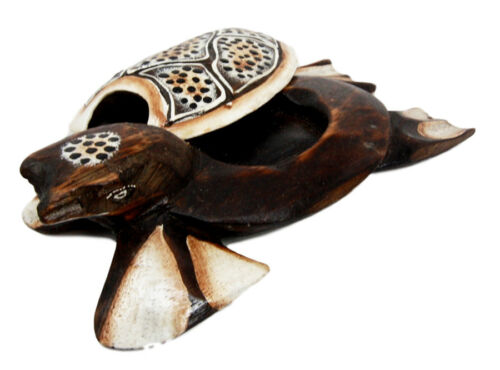 Balinese Wood Handicrafts Polkadot Shell Turtle Family Ashtray Box Figurine Set