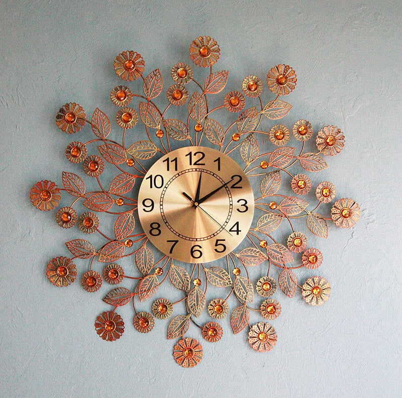27"D Metal Radiant Golden Sun Intertwined Leaves and Flowers Designer Wall Clock