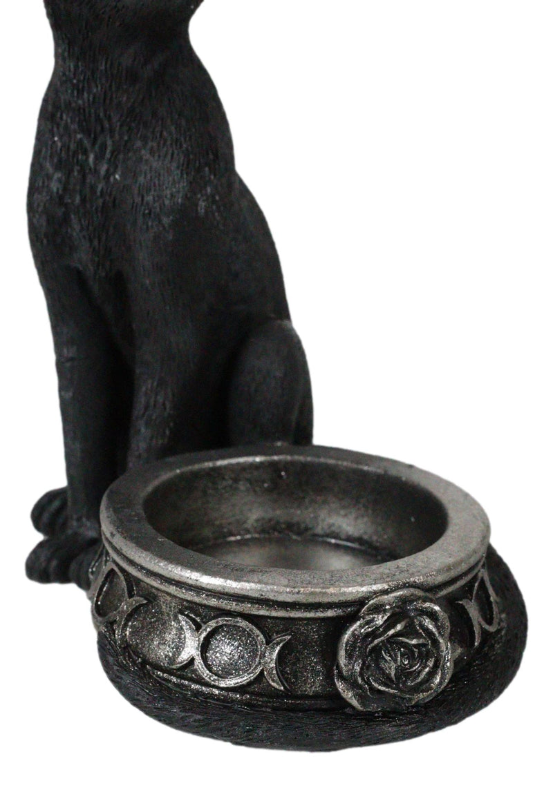 Wicca Gothic Black Cat With Triple Moon Rose Tea Light Votive Candle Holder