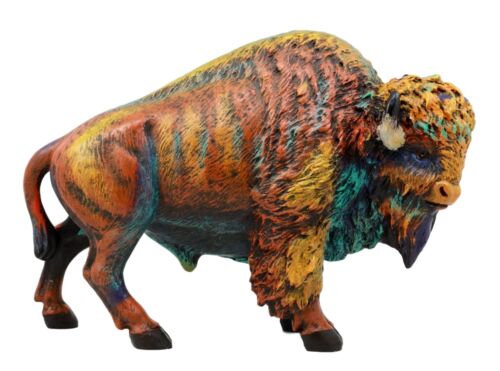 Ebros Gift Wild & Free Colorful American Bison Figurine 9.25" L Multi Color Rainbow Hand Painted Faux Wood - Ebros Gift