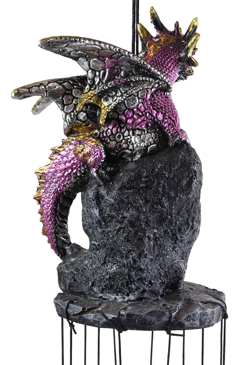 Medieval Purple Dragon Guarding Topaz Crystal Geode Rock Figurine Wind Chime