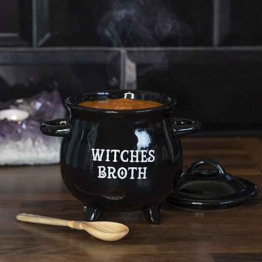 Witches Broth Cauldron Ceramic Bowl with Broom Spoon - Ebros Gift