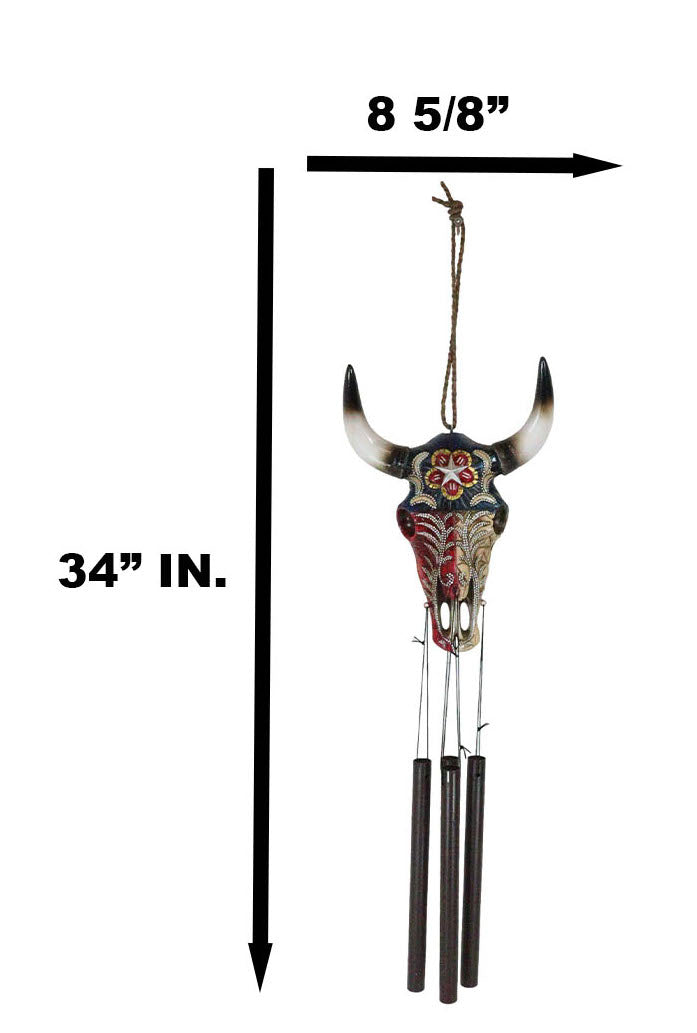 Rustic Western Star Colorful Texas Flag Floral Pattern Bull Cow Skull Wind Chime - Ebros Gift