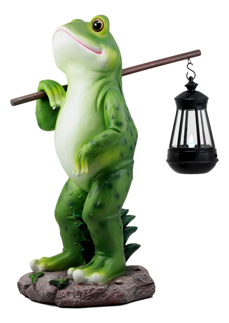 Ebros Blue Bayou Trails Hiking Frog Statue Holding Rod With Solar Powered Lantern LED