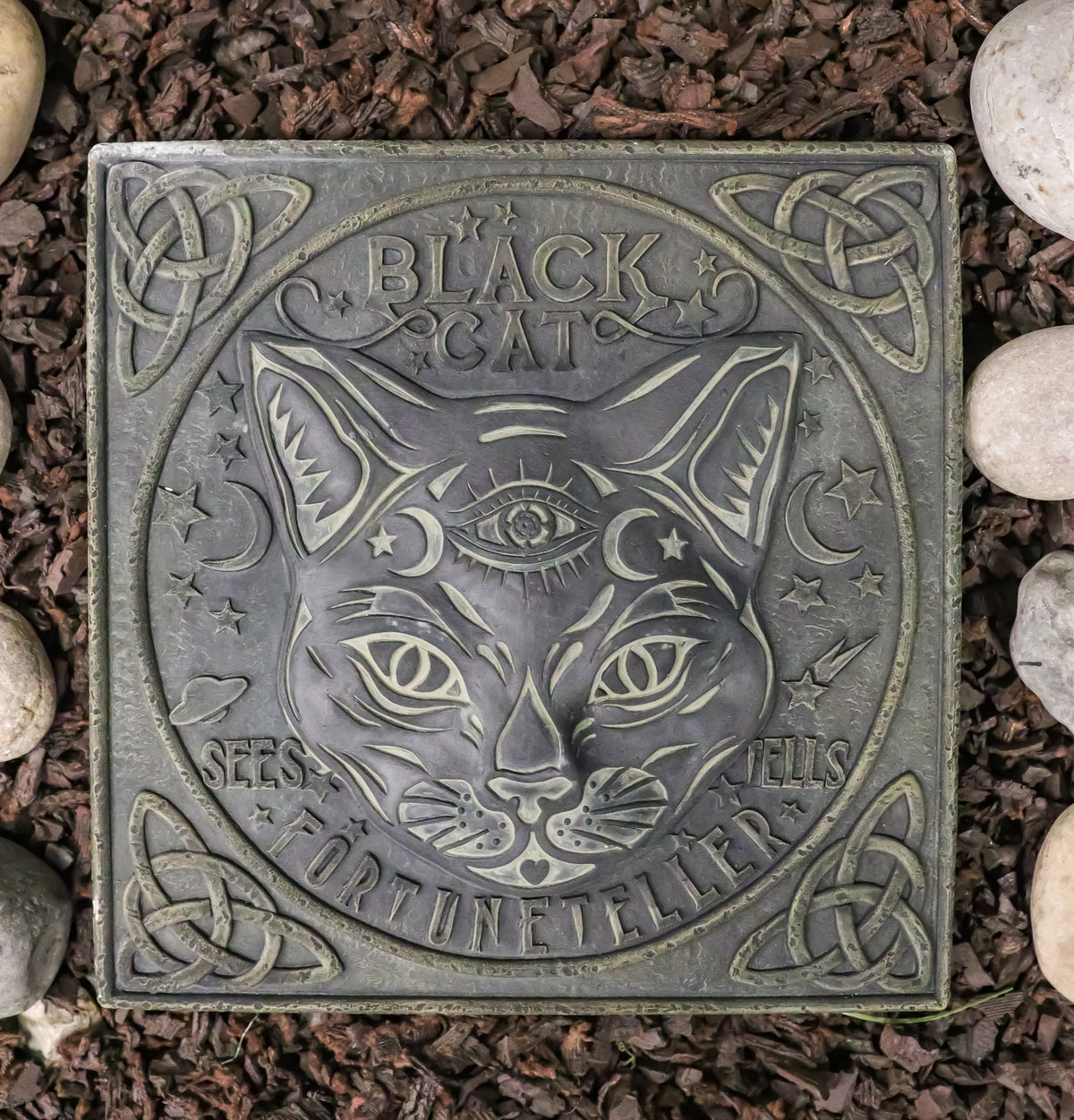 Wicca Halloween Black Cat Sees and Tells Fortune Teller Resin Stepping Stone