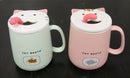 Set of 2 Pink & Green Drooling Cat Bento Porcelain Mug Cup With Spoon And Lid