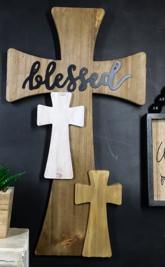 Rustic Western Wooden Blessed 3 Layered Multi Colored Wall Cross Decor Plaque