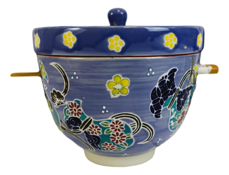 Purple Floral Sky Ramen Bowl With Tempura Divider Condiment Lid Chopsticks Set